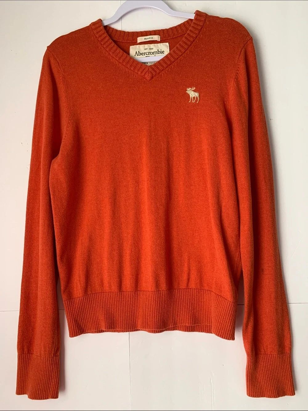 Abercrombie & Fitch Men's V-Neck Sweater in Bright Orange White Logo Size L